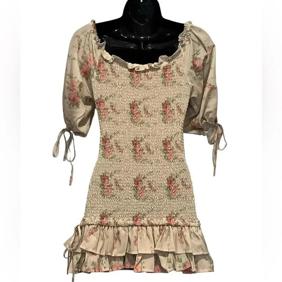 NWT 70/21 Coquette Smocked Puff Sleeve Ruffle Mini Floral Dress Womens Small - Picture 3 of 11